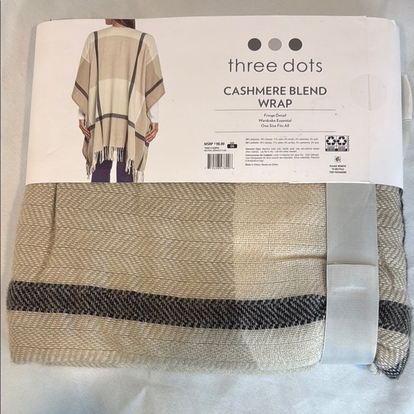 Three Dots Cashmere Blend Wrap, Cream plaid, OSFA, fringe detail, soft! NWT - Picture 4 of 6